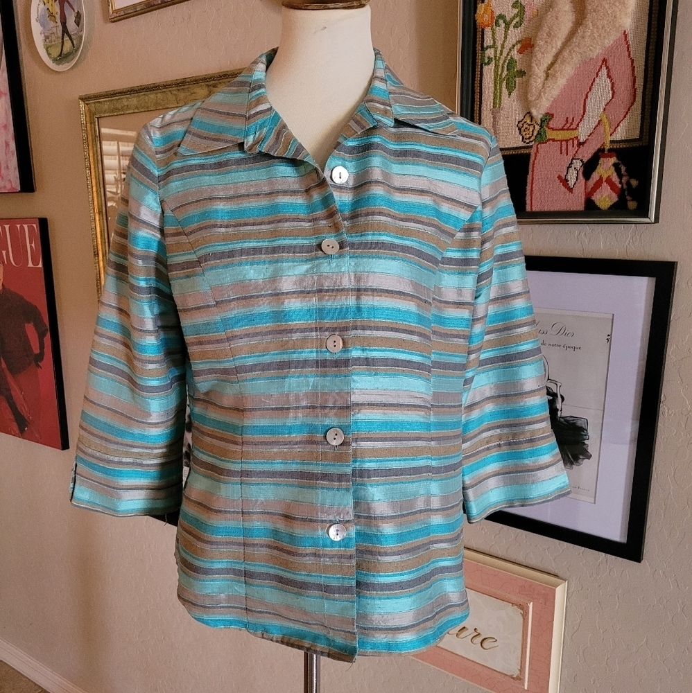 Vintage Austin Reed Multi-color Silk Stripe Three‎ Quarter Sleeves Blouse